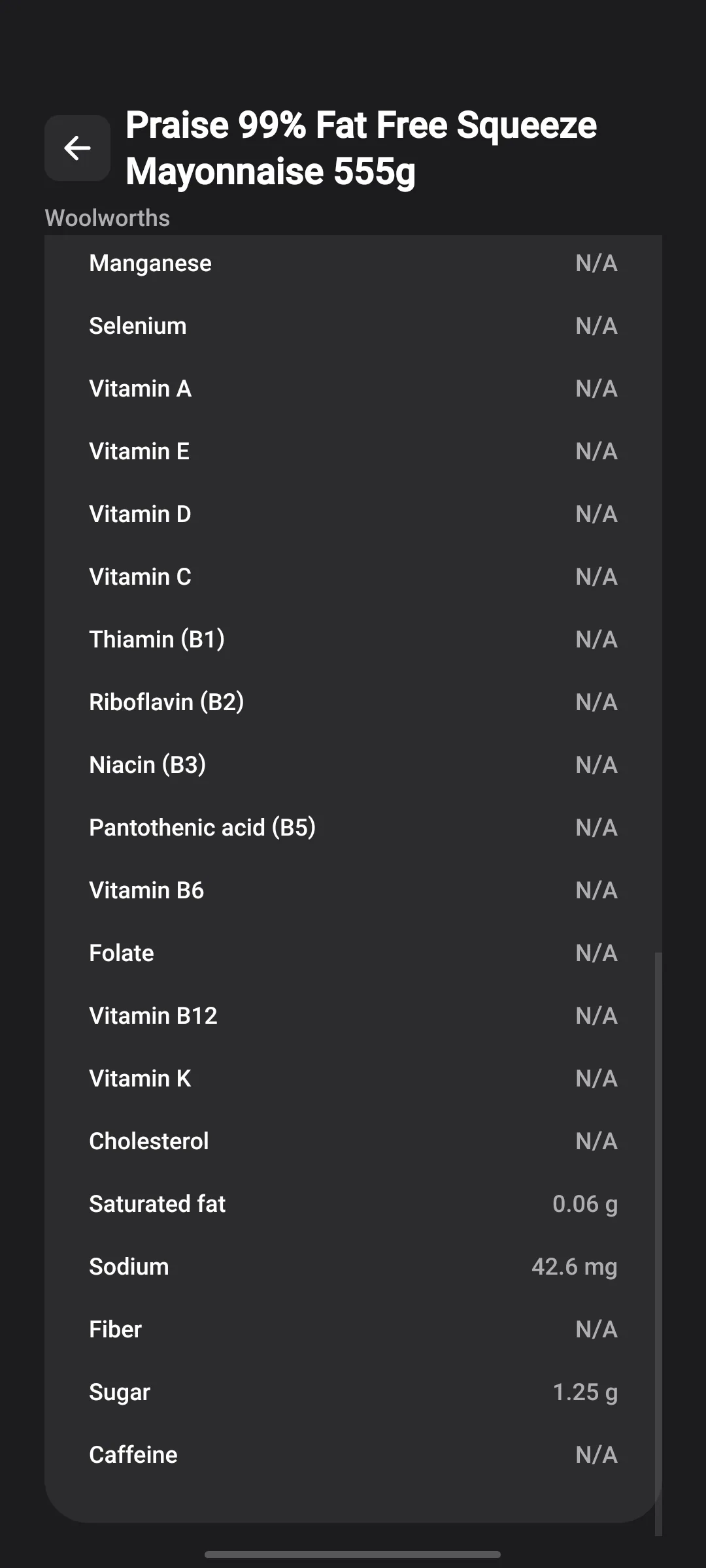 Food detail screen for a mayonnaise product listing individual micronutrients.